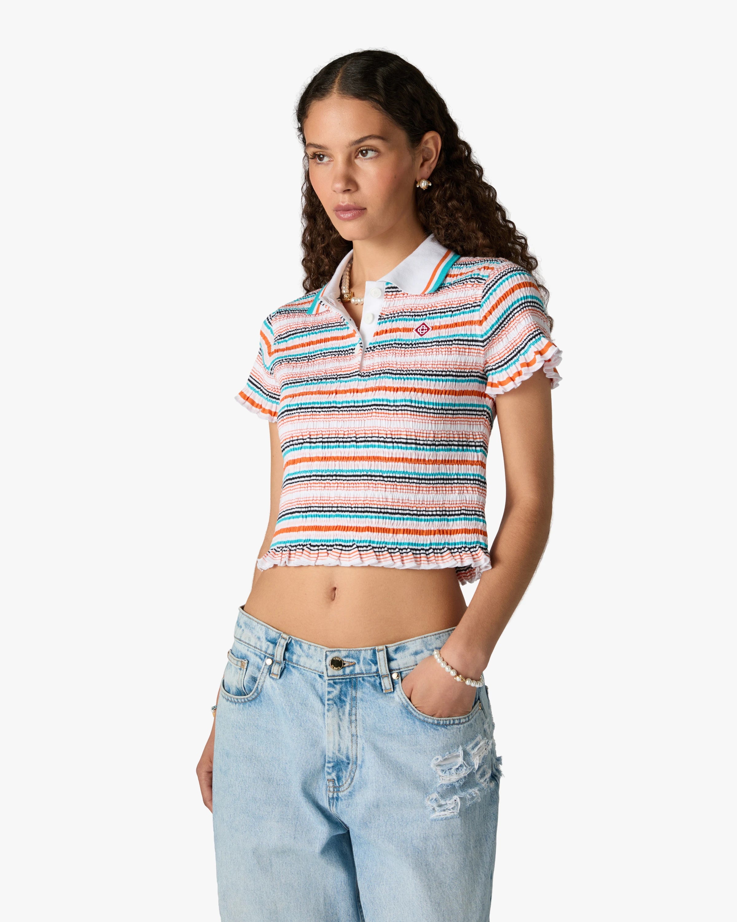 Multicolour Striped Shirred Short Sleeve Polo Shirt