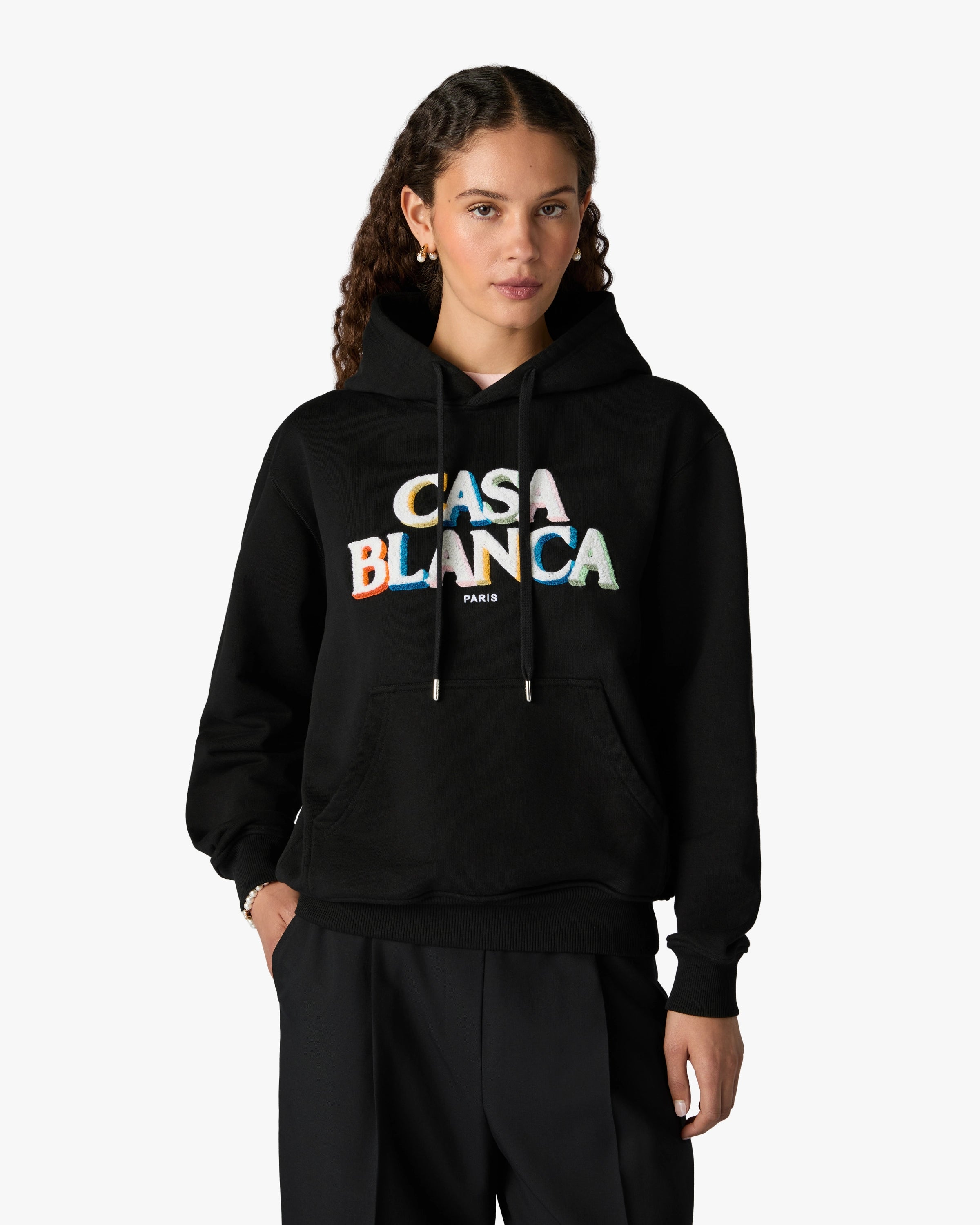 Black Stacked Logo Embroidered Hooded Sweatshirt