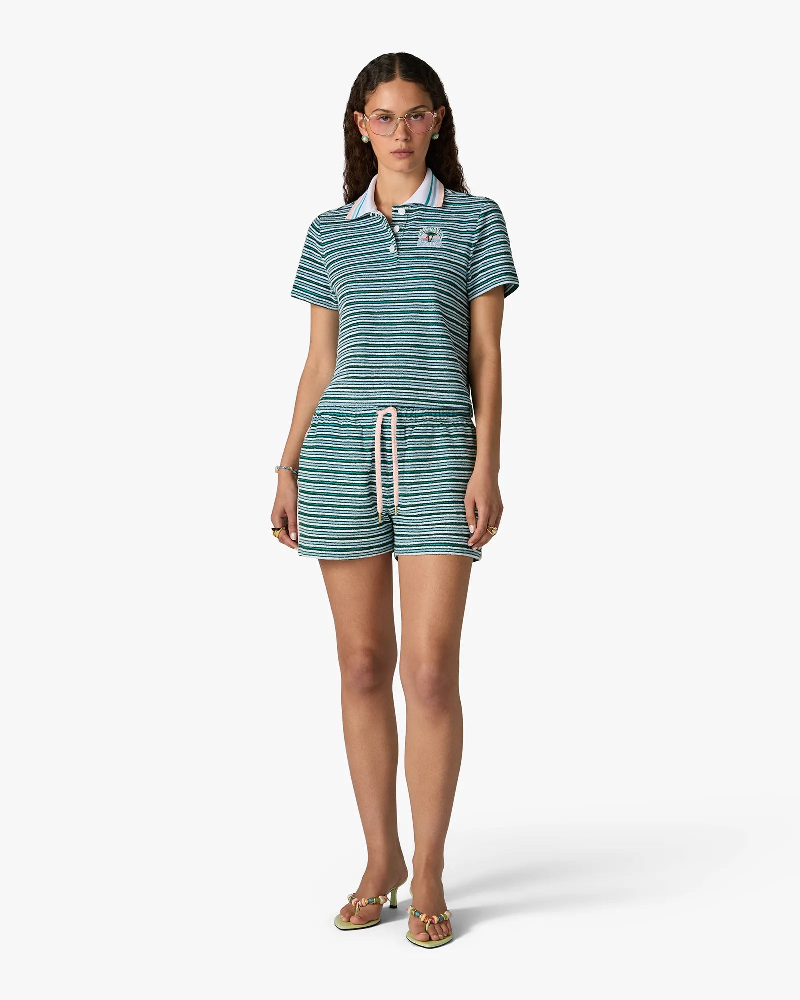 Teal Striped Towelling Short Sleeve Polo Shirt