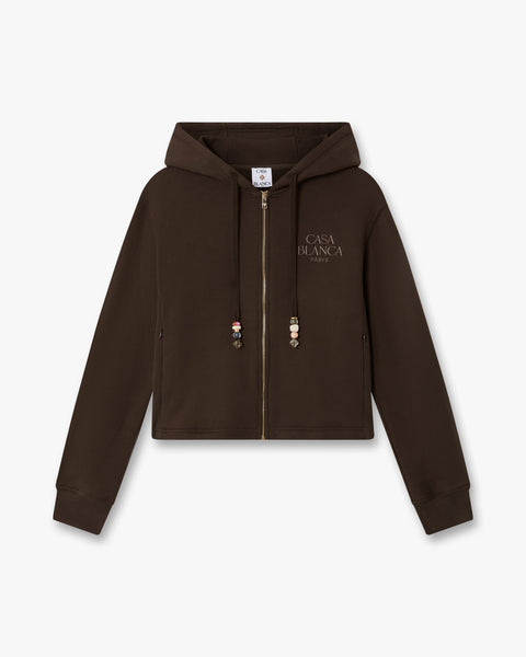 Dark Brown Cropped Zip-Up Hooded Sweatshirt | Casablanca Paris