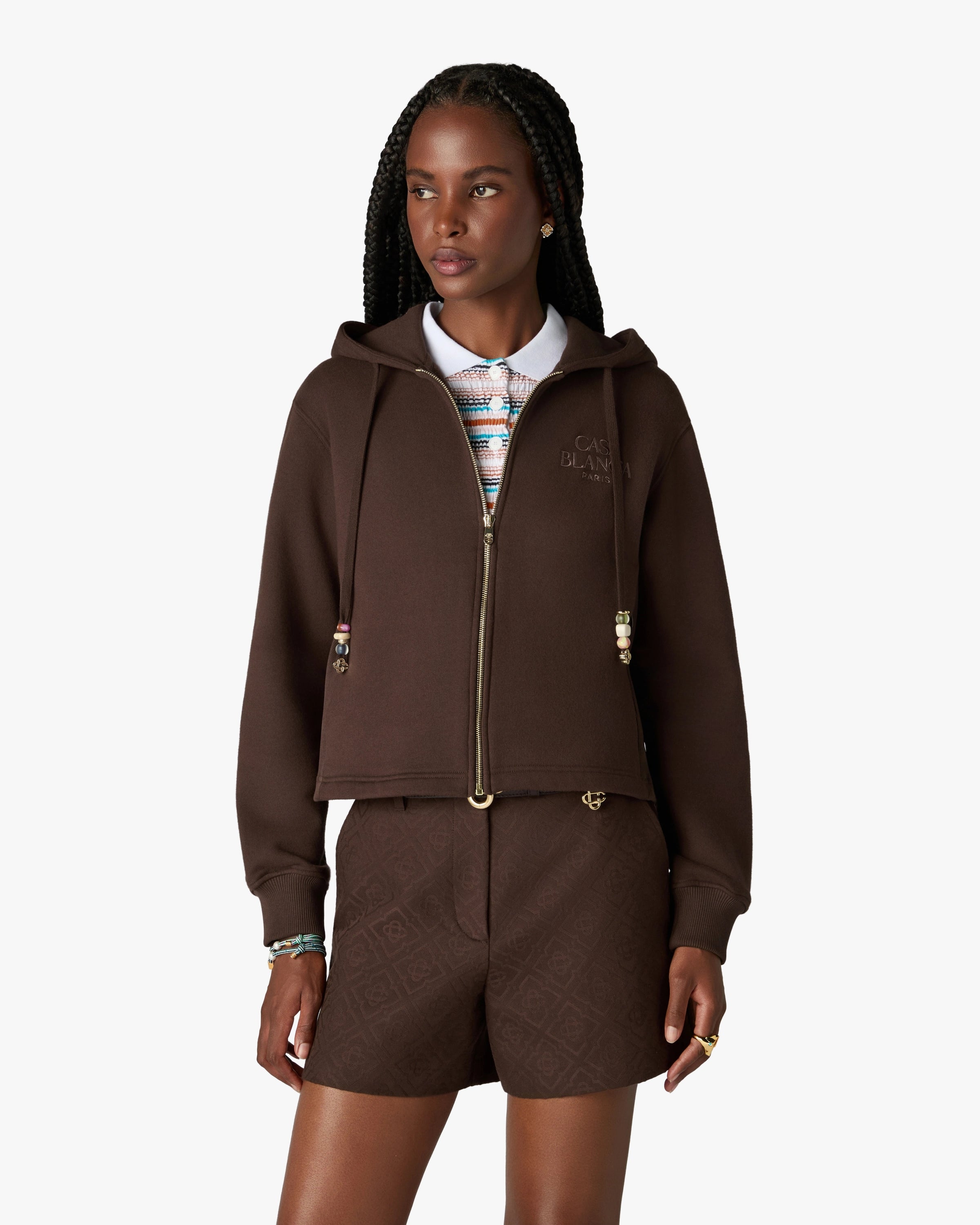 Dark Brown Cropped Zip-Up Hooded Sweatshirt