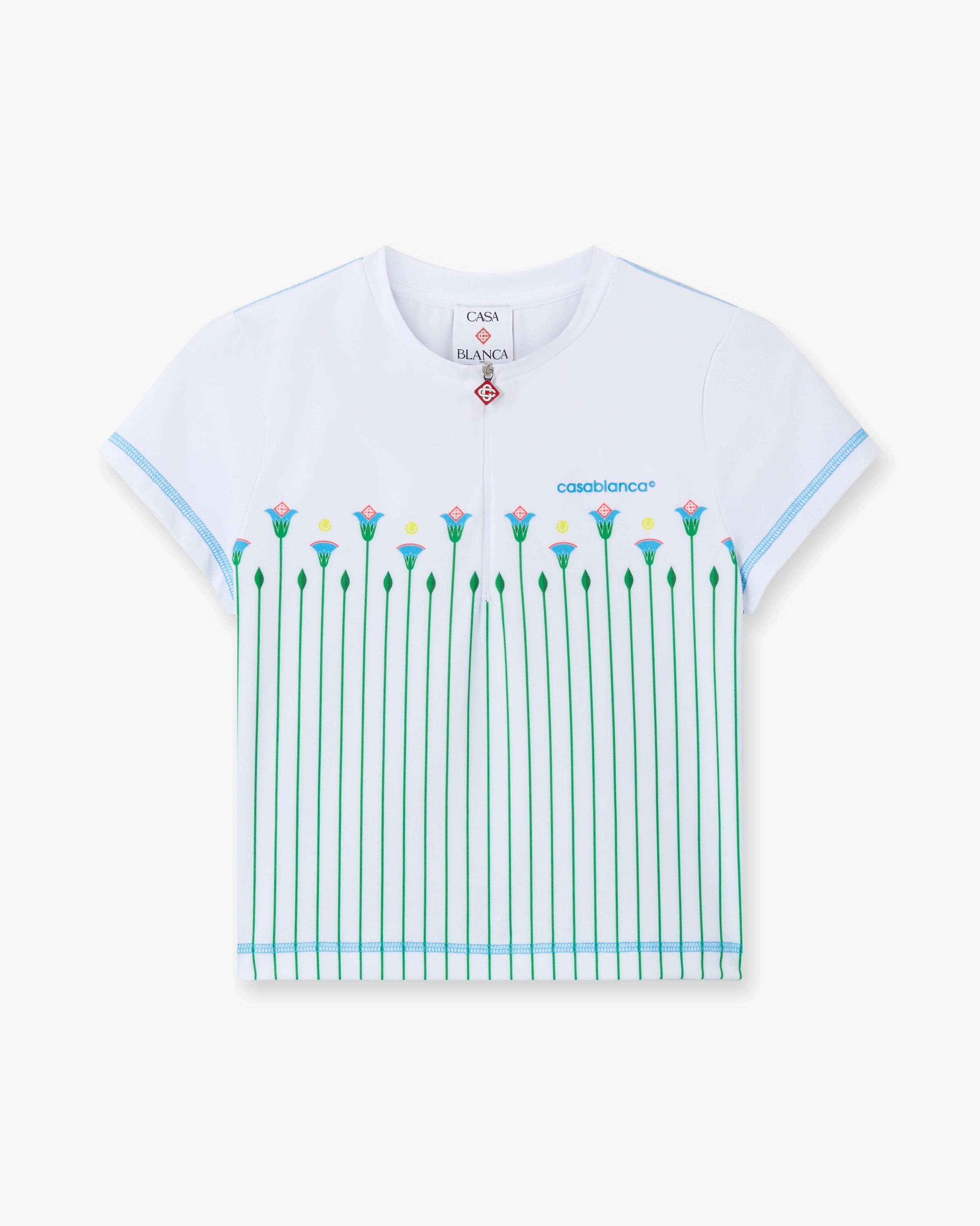 White Floral Stripe Sporty Quarter Zip Tennis Top