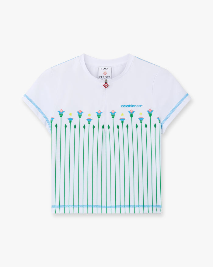 White Floral Stripe Sporty Quarter Zip Tennis Top