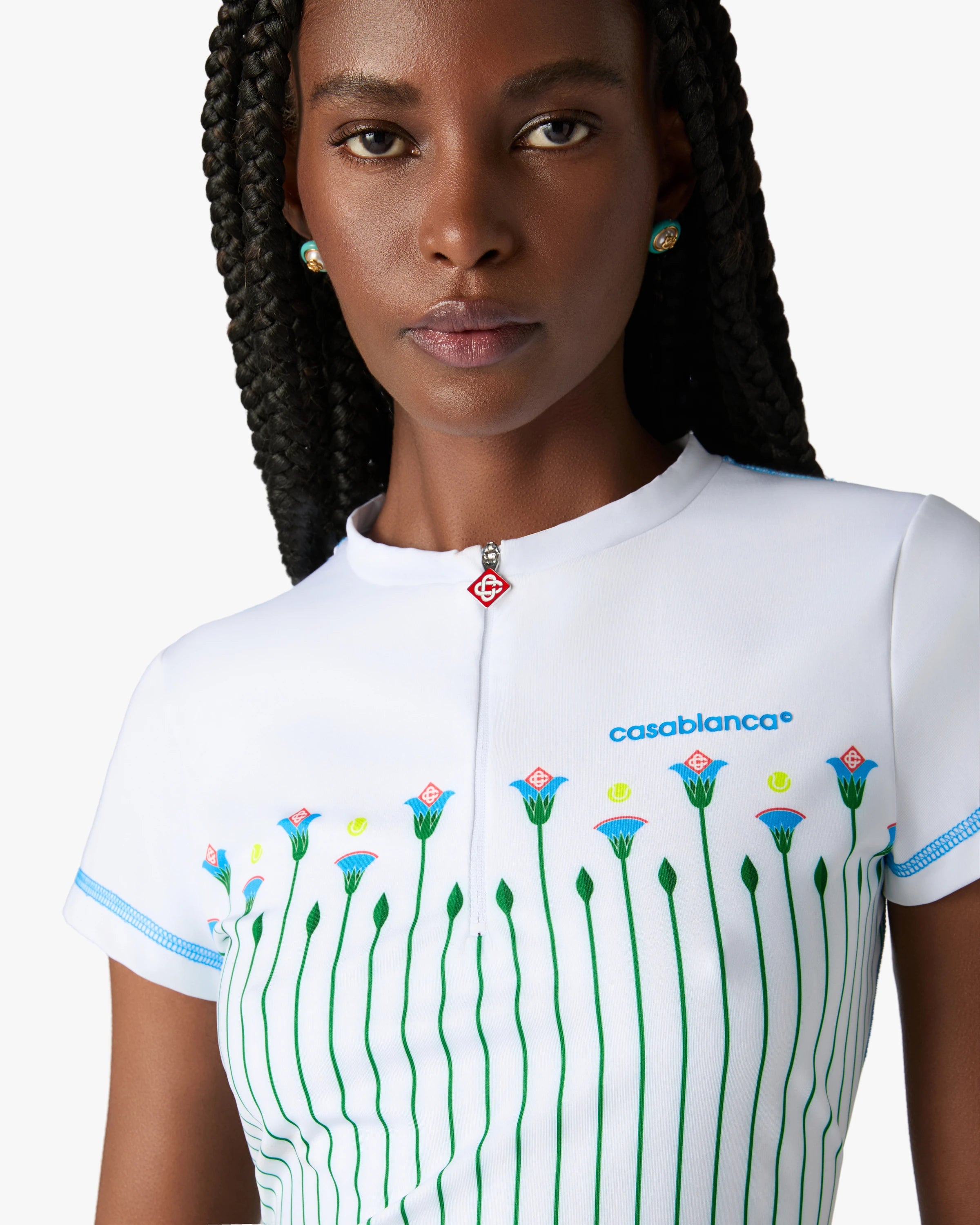 White Floral Stripe Sporty Quarter Zip Tennis Top