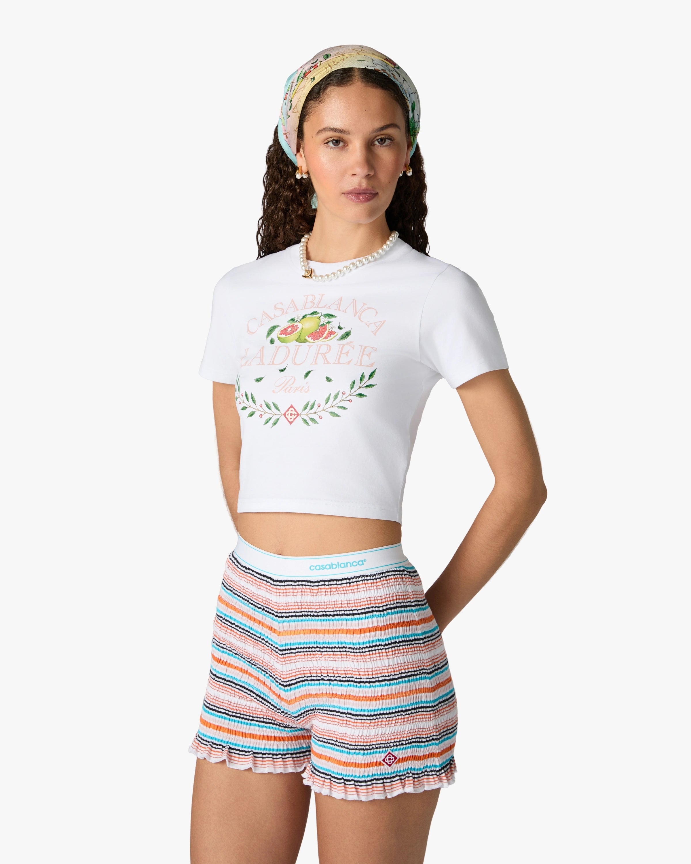 White Laduree x Casablanca Cropped Baby Short Sleeve T-Shirt