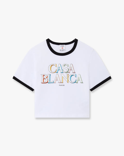 White Stacked Logo Cropped Baby Short Sleeve T-Shirt | Casablanca