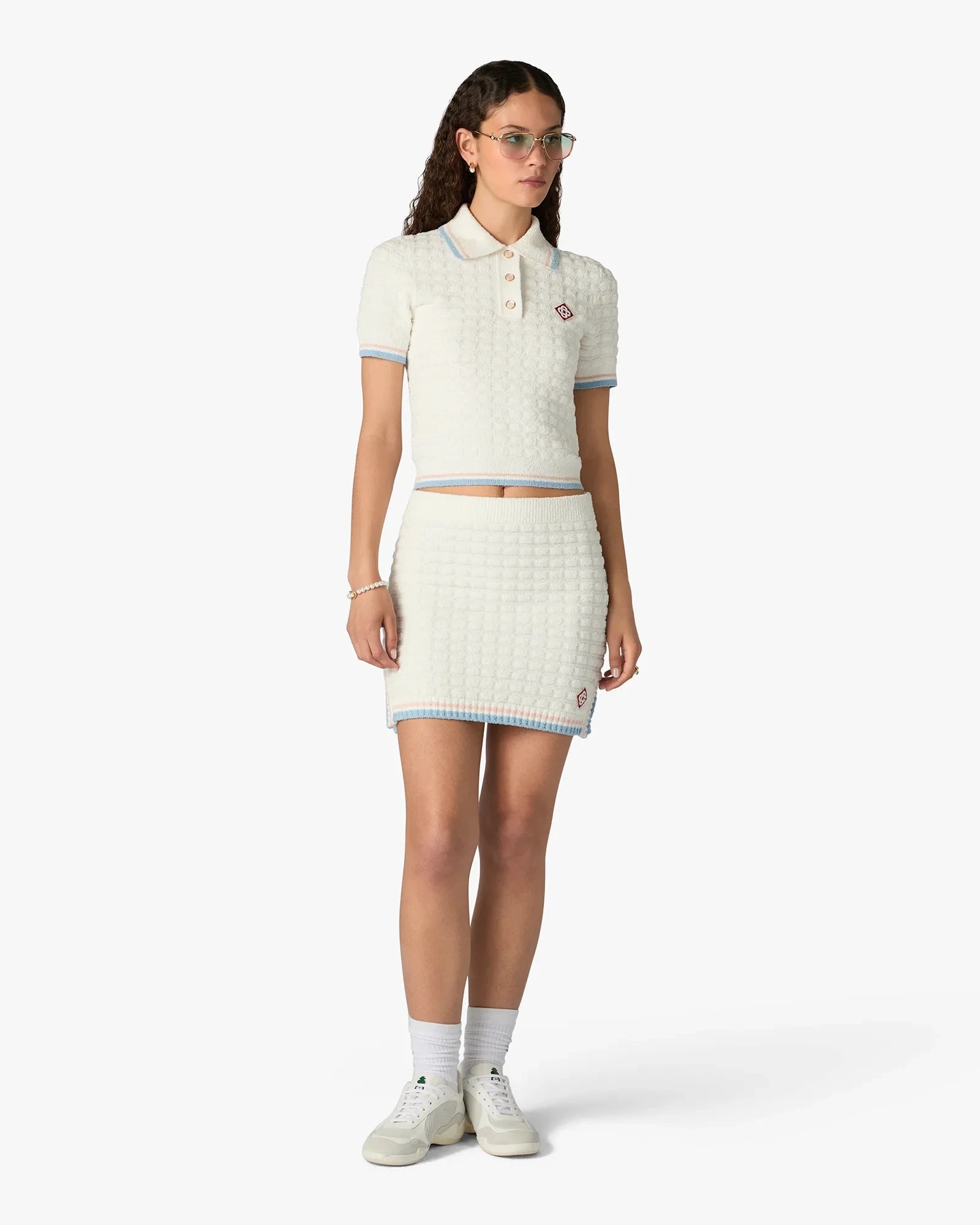 White Boucle Tennis Short Sleeve Polo Shirt