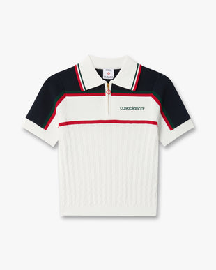 Cream & Navy Knit Tennis Short Sleeve Polo Shirt