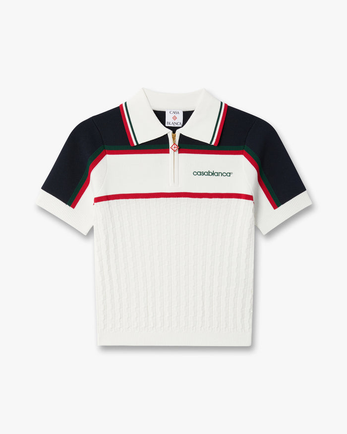 Cream & Navy Knit Tennis Short Sleeve Polo Shirt
