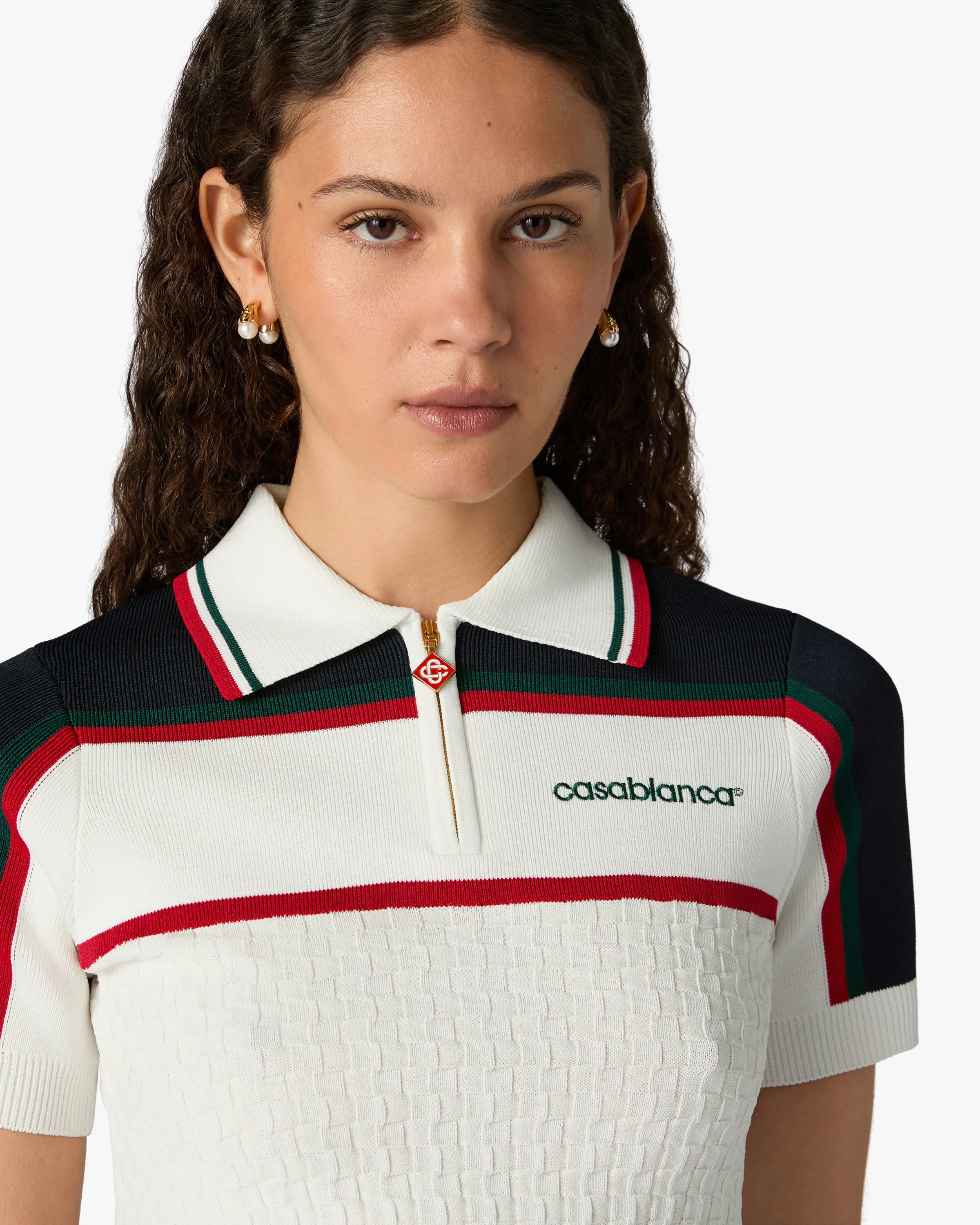 Cream & Navy Knit Tennis Short Sleeve Polo Shirt