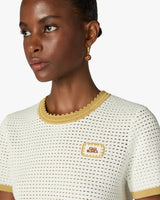 White Lace Tuck Stitch Short Sleeve Top