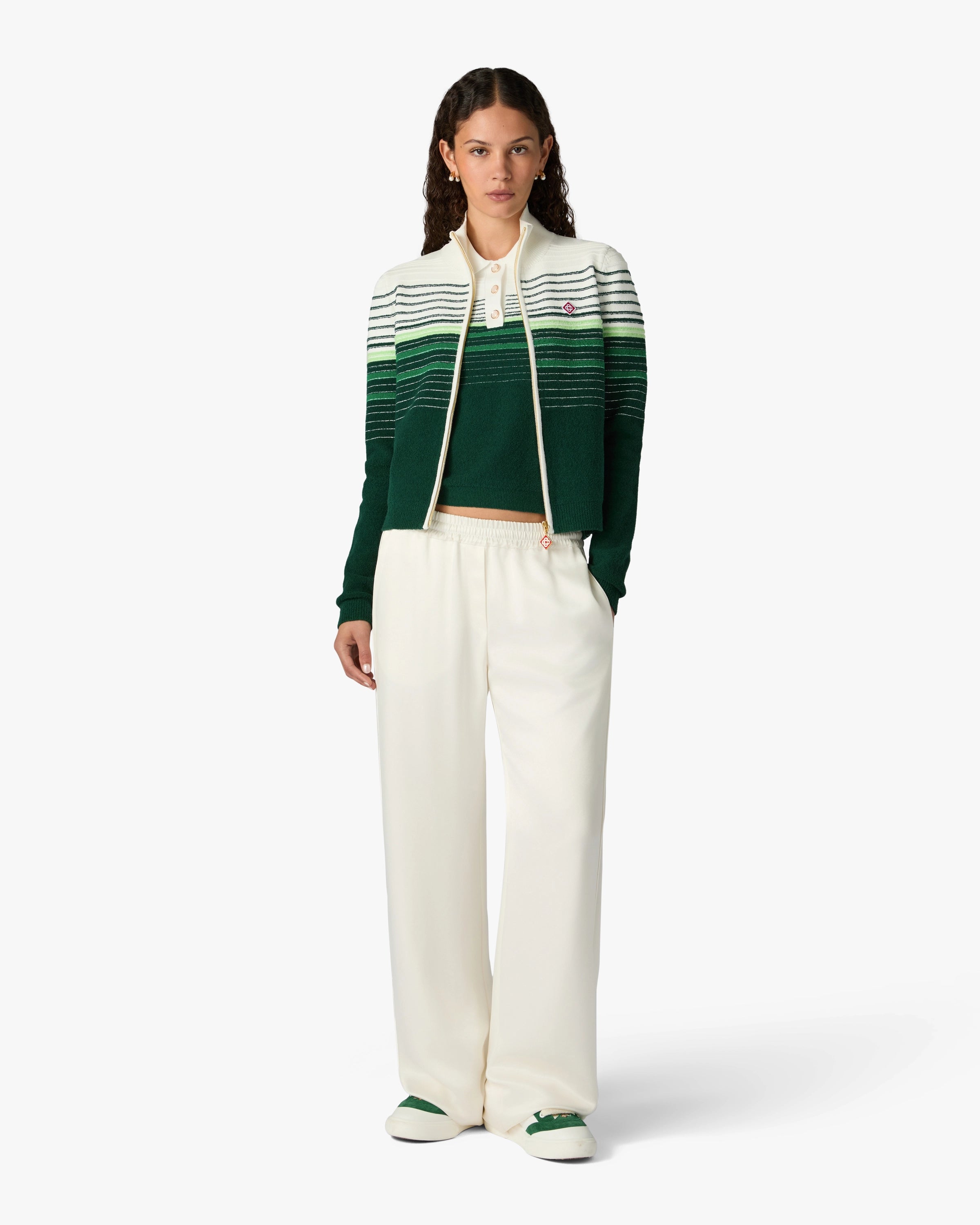 White & Green Boucle Stripe Zip-Up Track Jacket