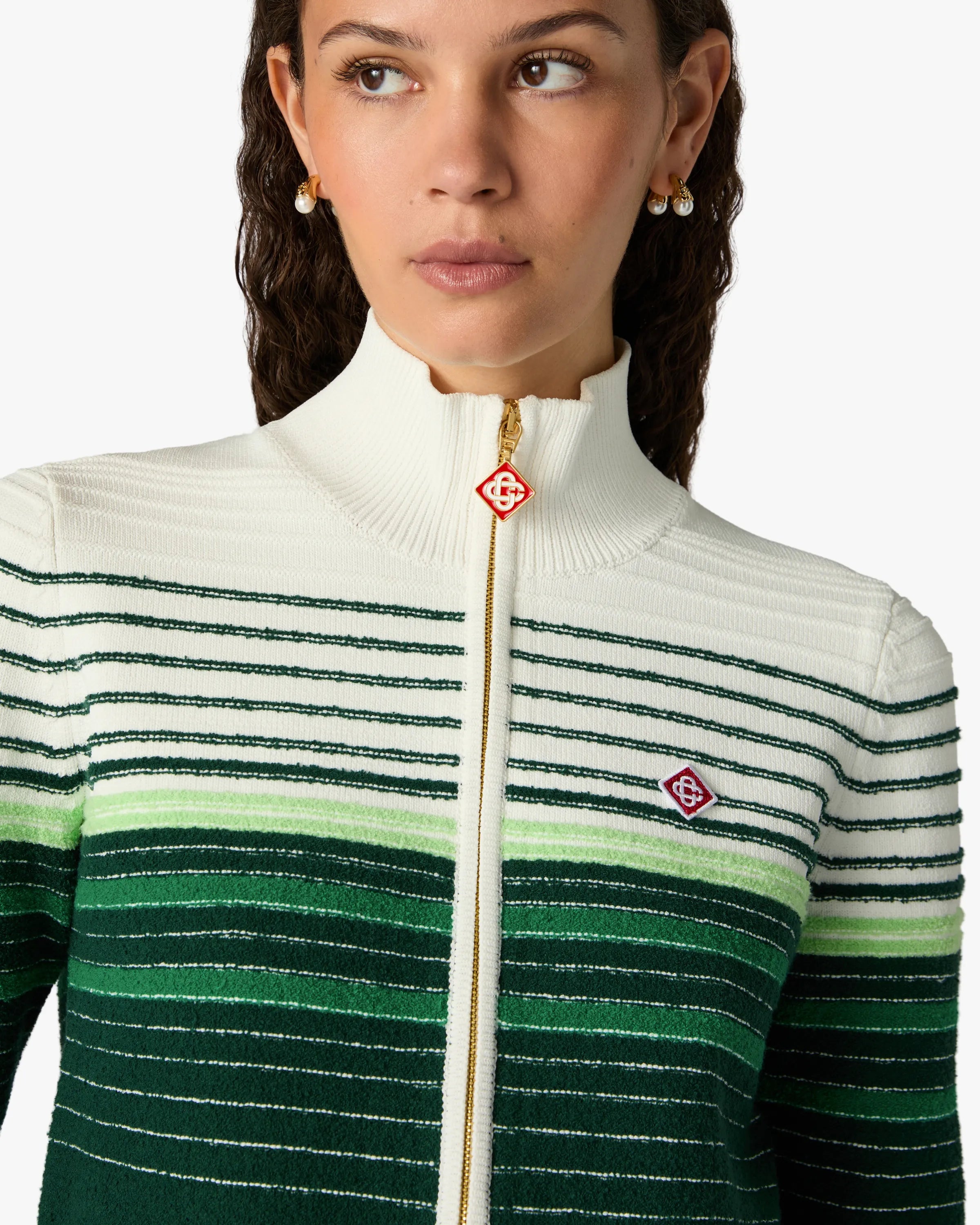 White & Green Boucle Stripe Zip-Up Track Jacket