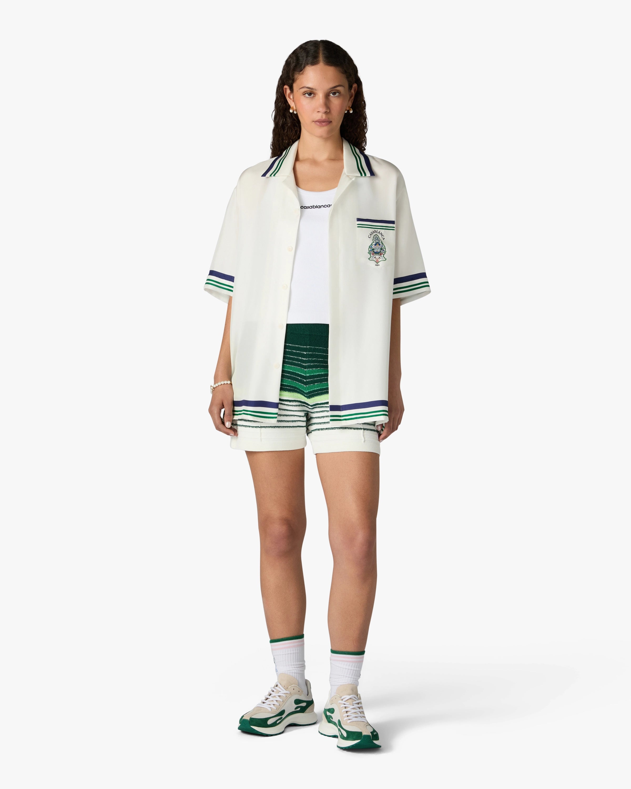 White & Green Boucle Stripe Shorts