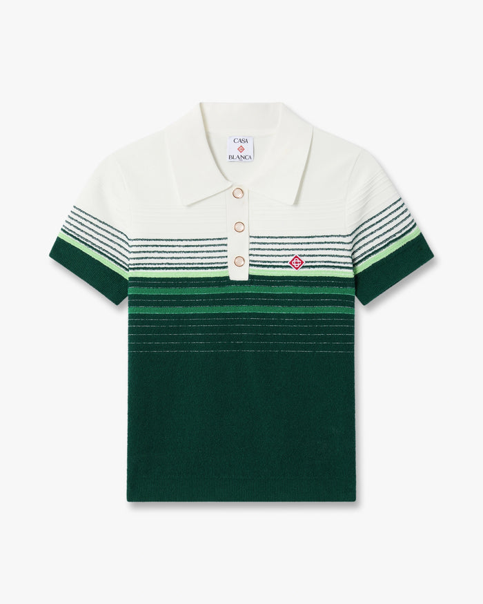 White & Green Boucle Stripe Short Sleeve Polo Shirt
