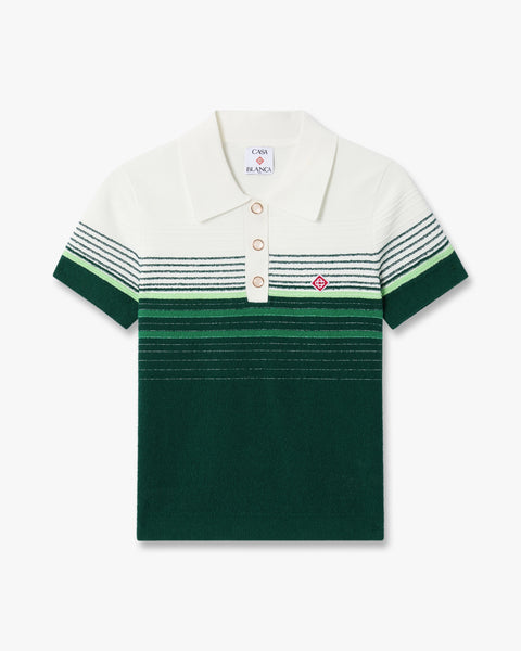 White & Green Boucle Stripe Short Sleeve Polo Shirt | Casablanca Paris