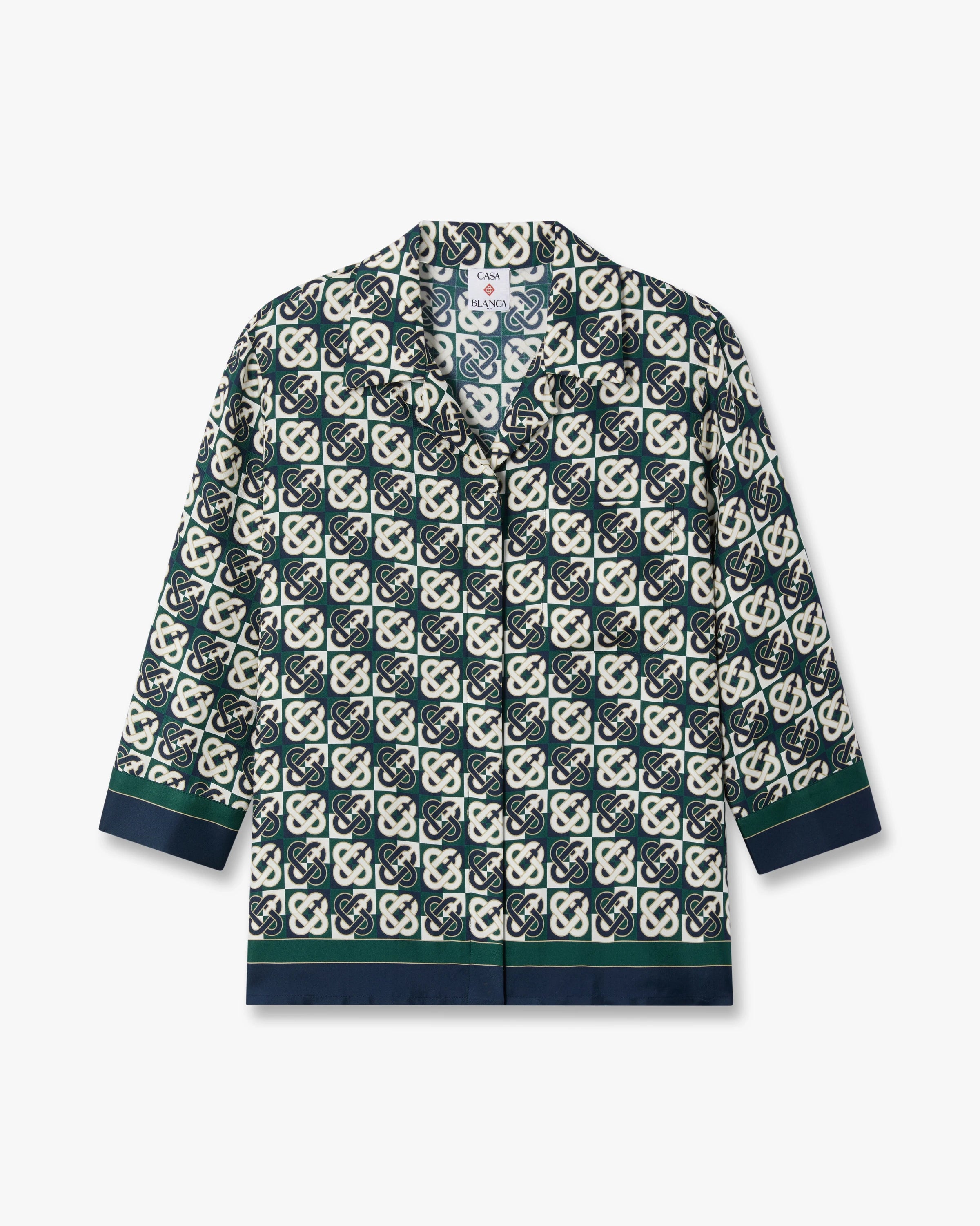 Green & Navy Check Monogram Pyjama Long Sleeve Silk Shirt