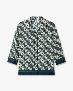 Green & Navy Check Monogram Pyjama Long Sleeve Silk Shirt