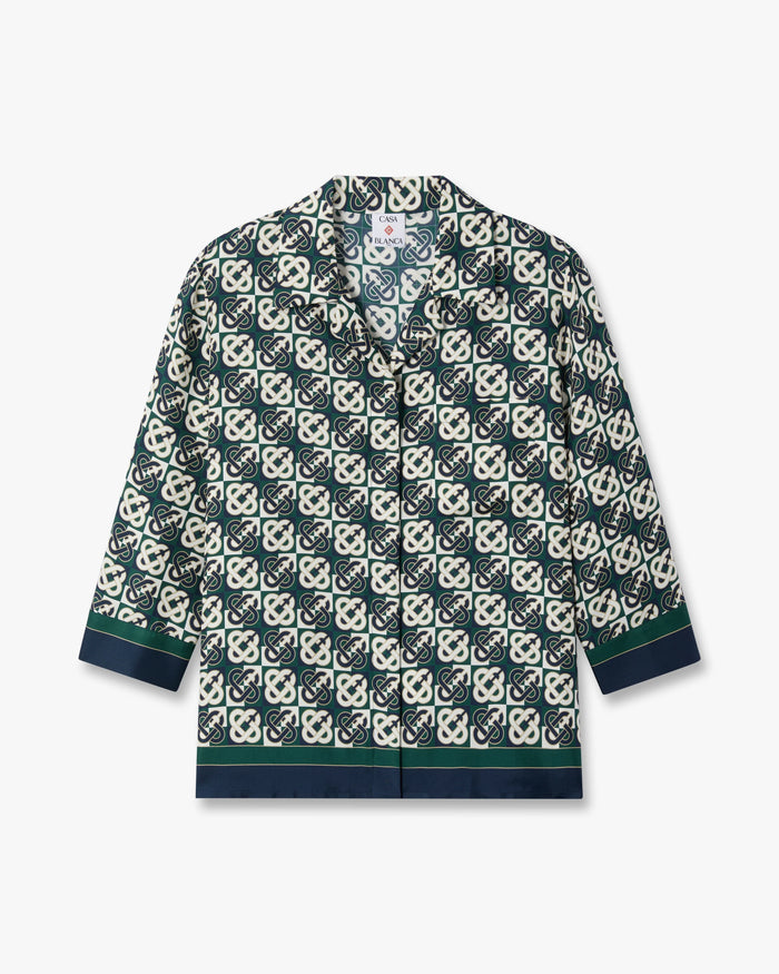 Green & Navy Check Monogram Pyjama Long Sleeve Silk Shirt