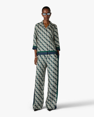 Green & Navy Check Monogram Pyjama Long Sleeve Silk Shirt