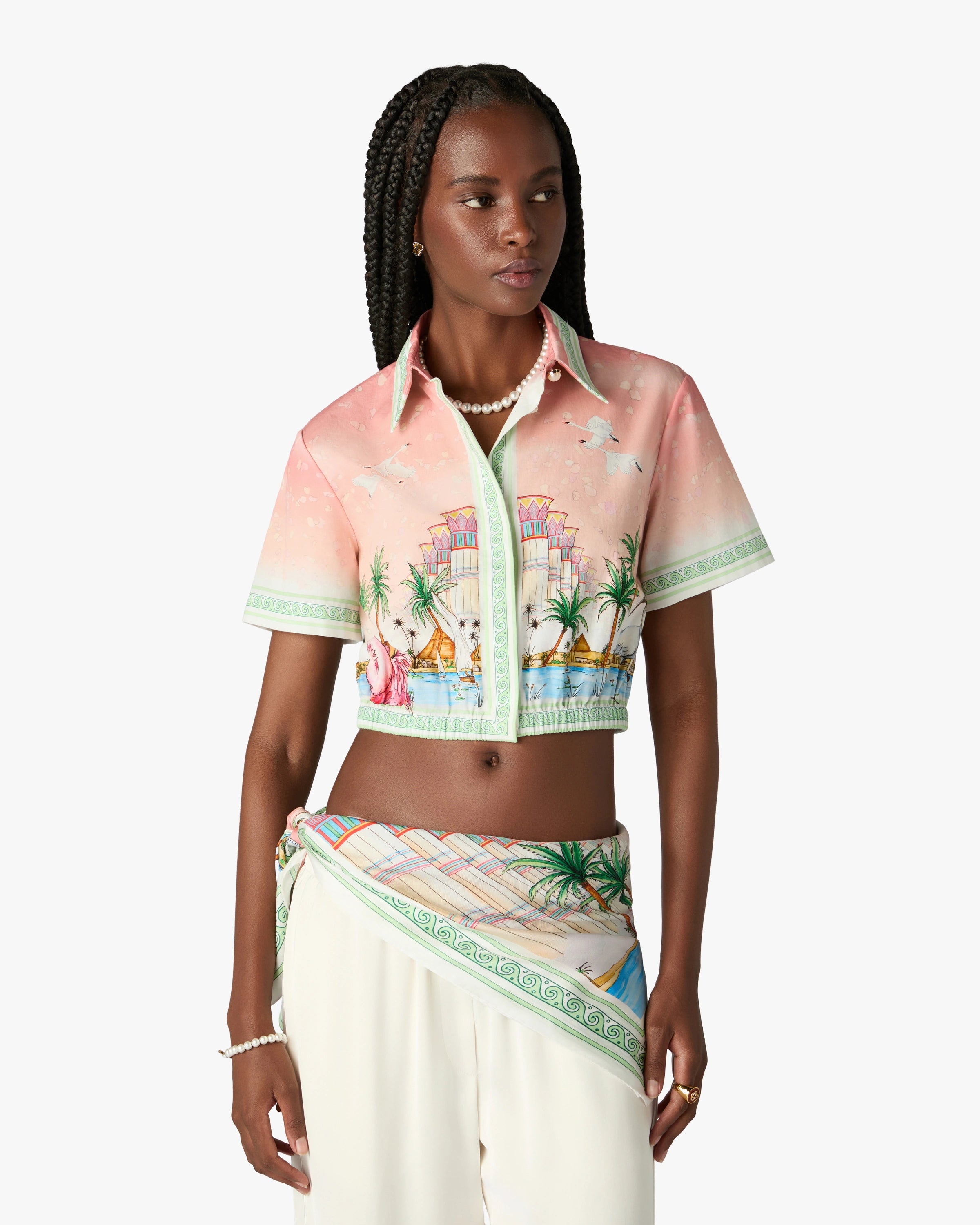 Pink Ethereal Cotton Cropped Long Sleeve Shirt