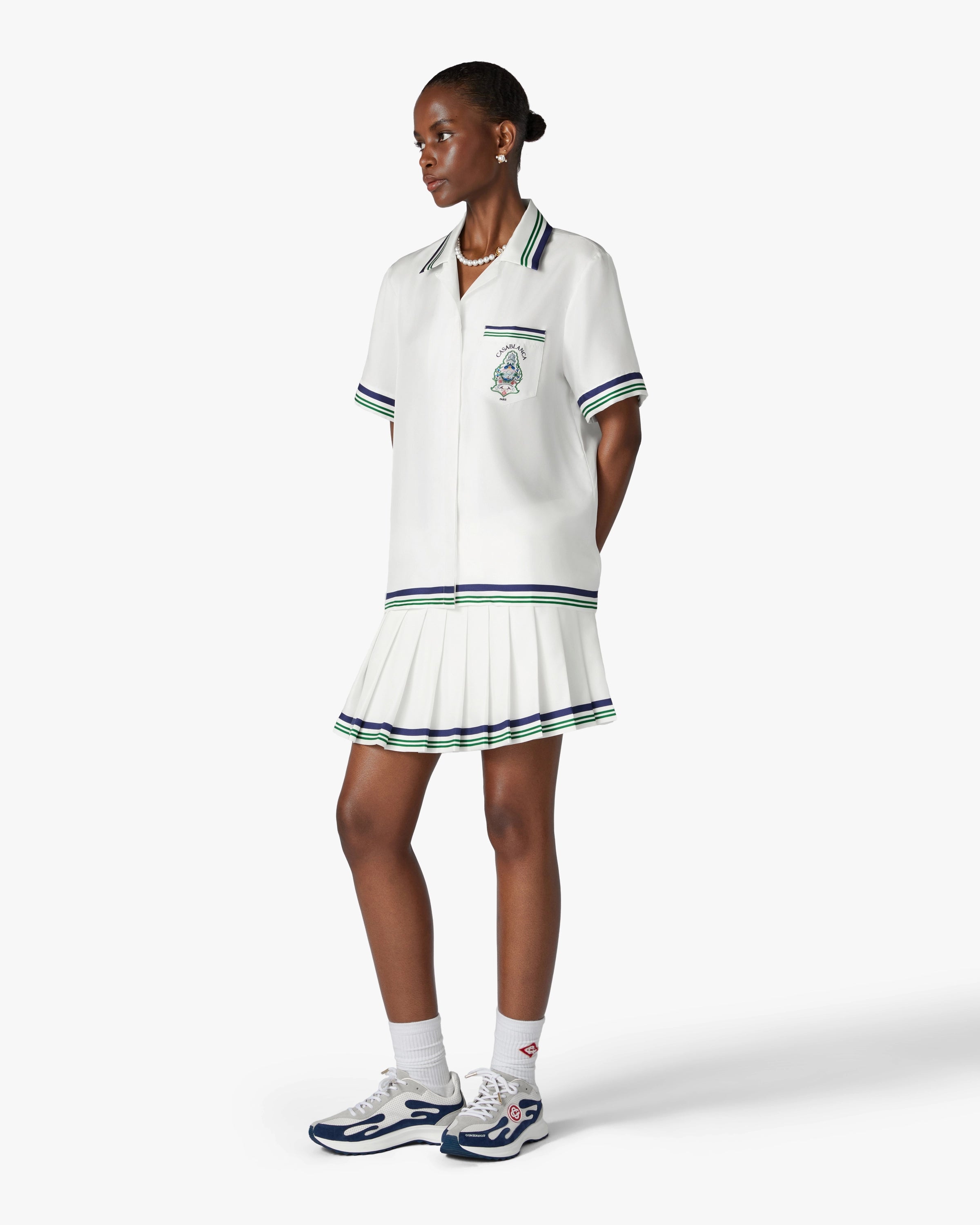 White Hotel Emblem Pleated Mini Silk Skirt