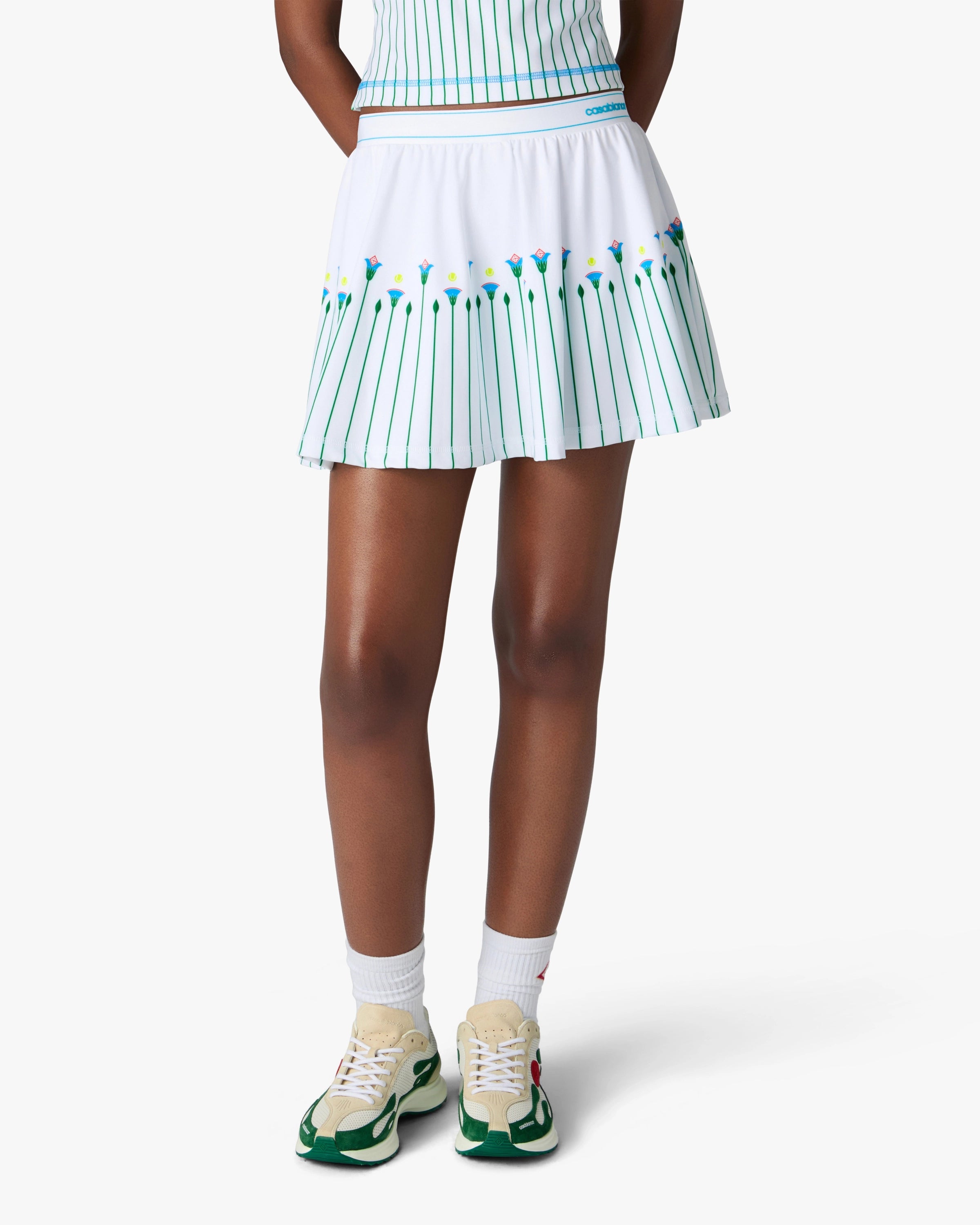 White Floral Stripe Sporty Tennis Mini Skirt