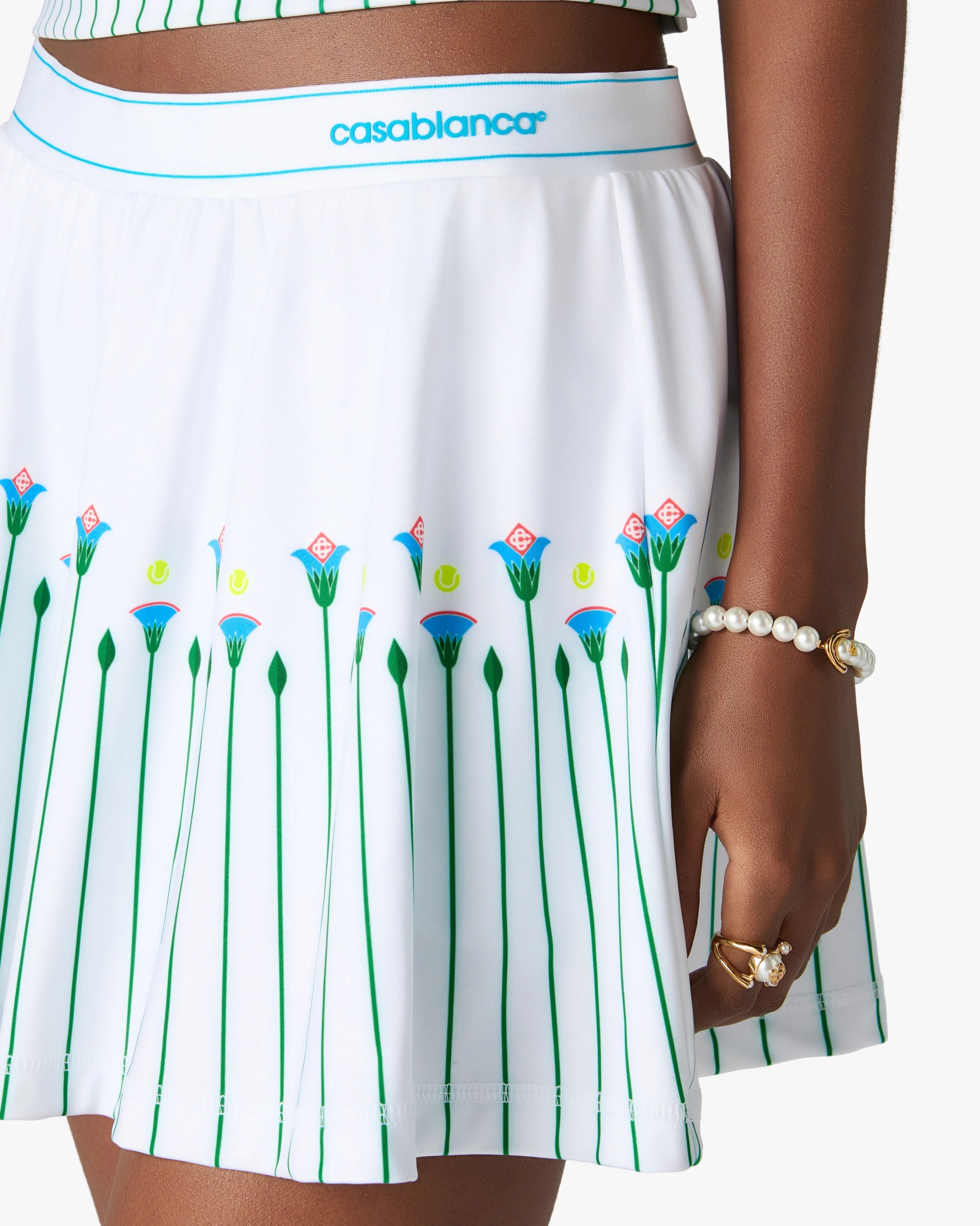 White Floral Stripe Sporty Tennis Mini Skirt