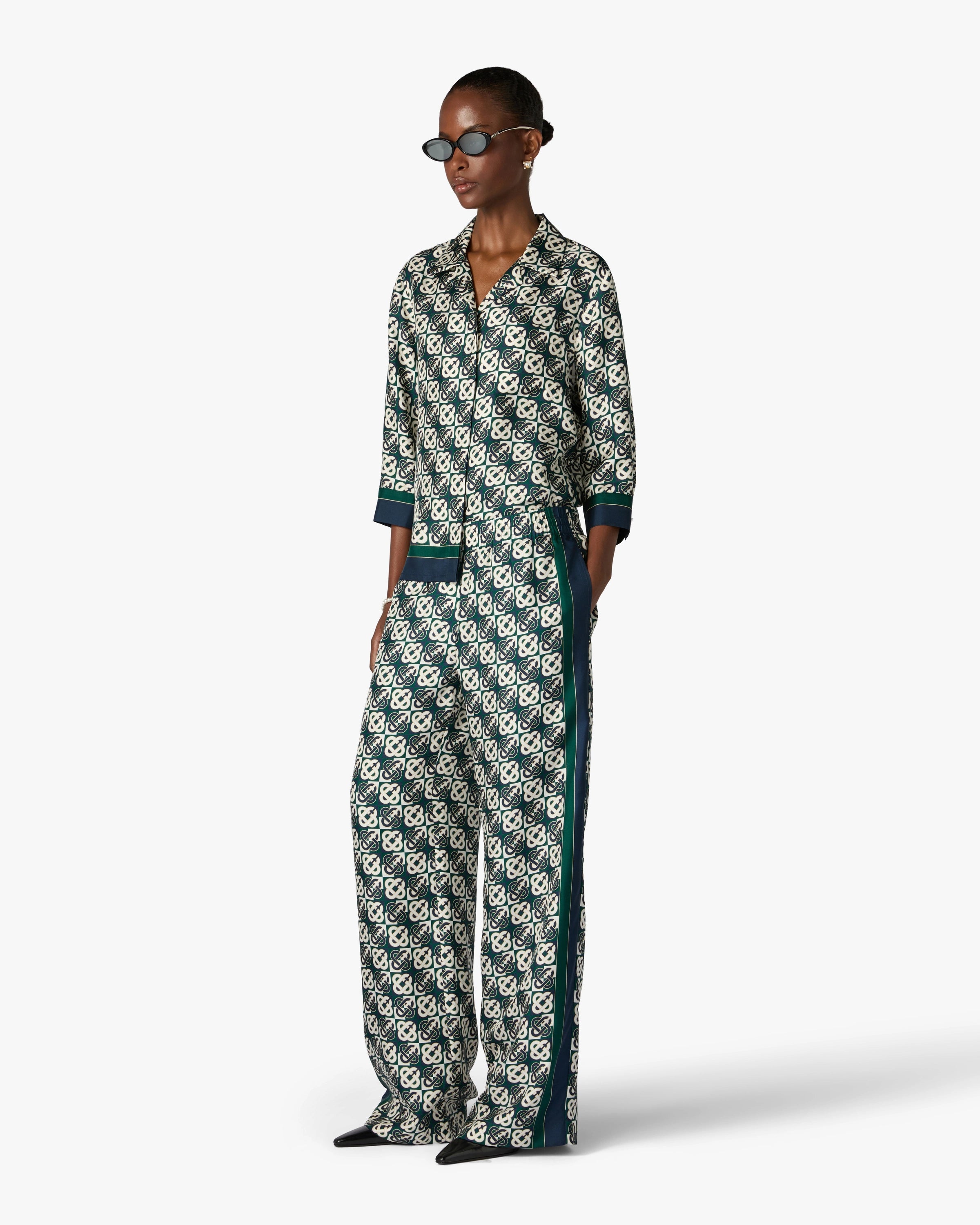 Green & Navy Check Monogram Silk Trousers