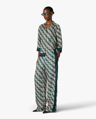 Green & Navy Check Monogram Silk Trousers