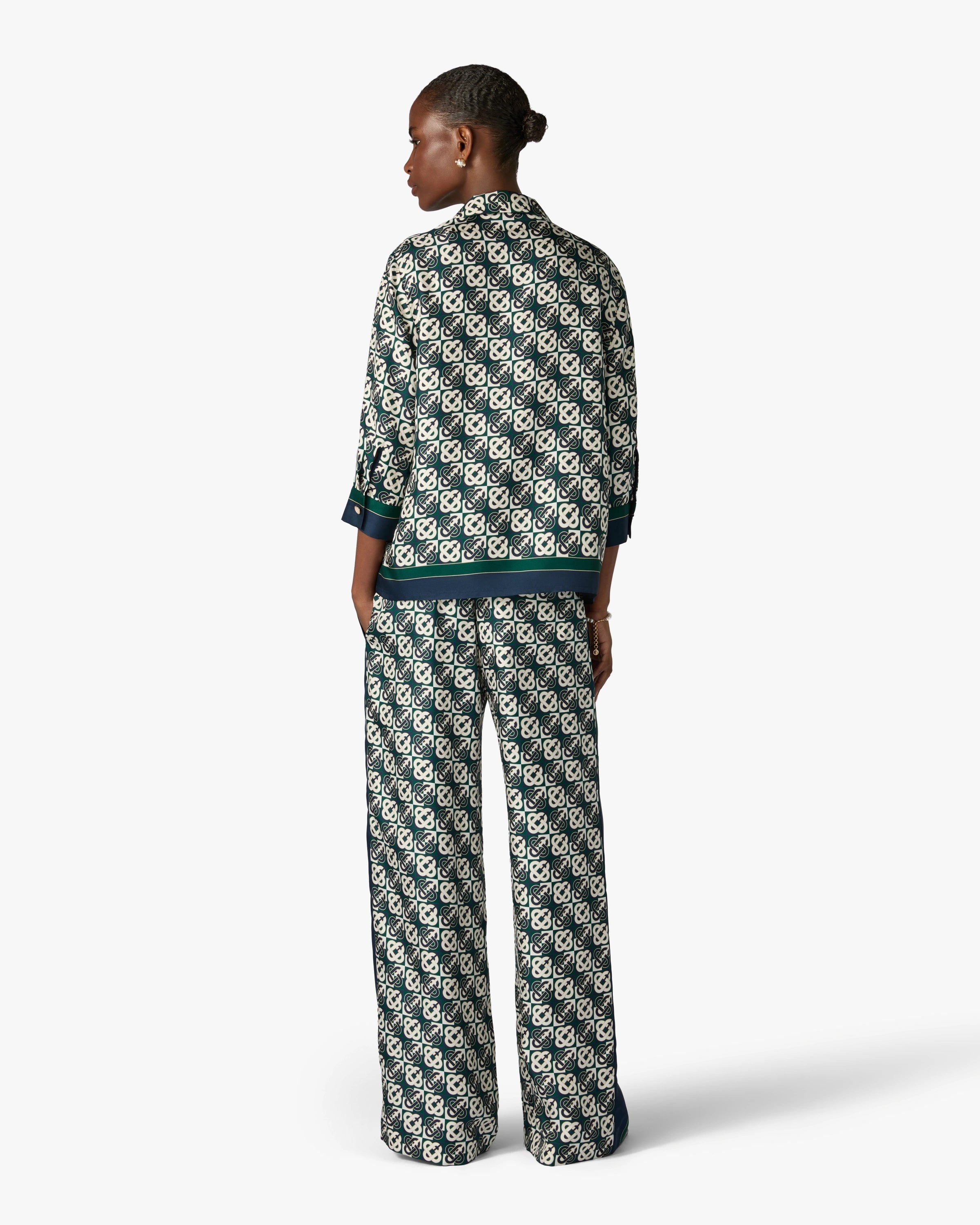 Green & Navy Check Monogram Silk Trousers