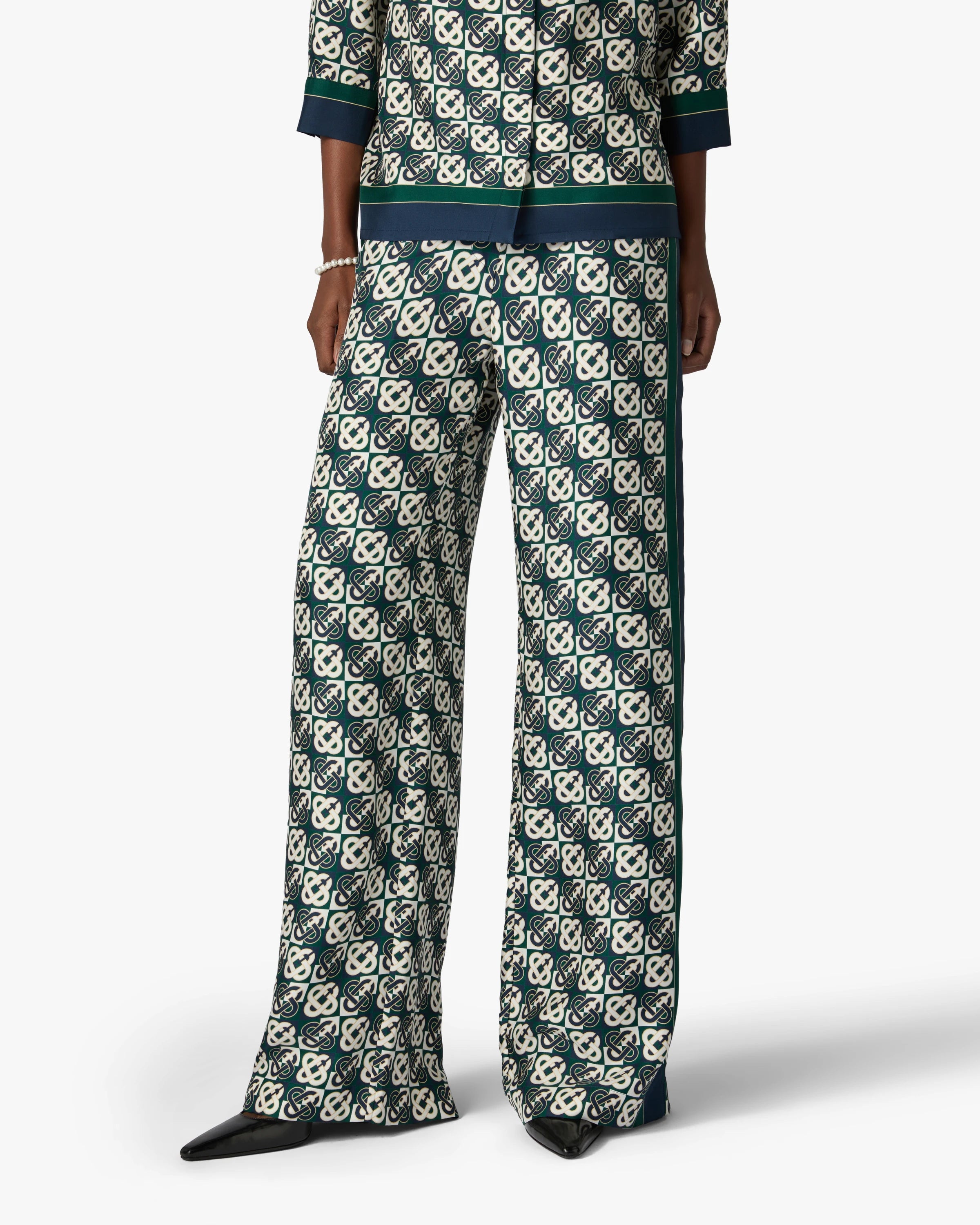 Green & Navy Check Monogram Silk Trousers