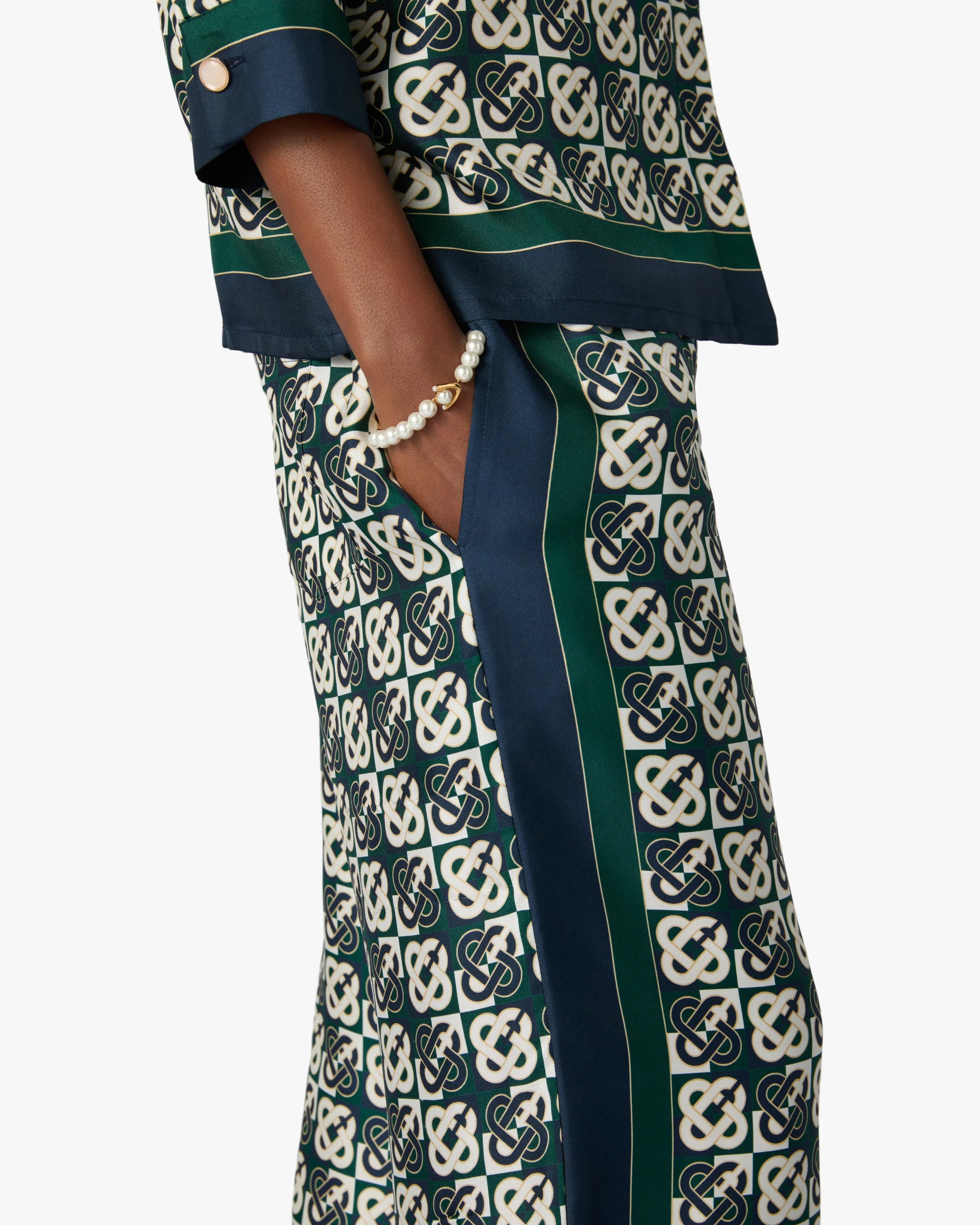 Green & Navy Check Monogram Silk Trousers