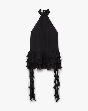 Black Silk Georgette Double Ruffle Mini Dress