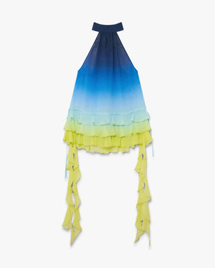 Blue Silk Gradient Double Georgette Ruffle Dress