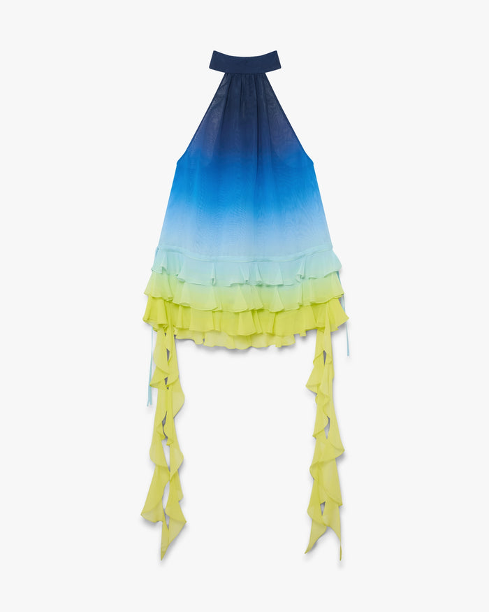 Blue Silk Gradient Double Georgette Ruffle Dress