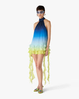 Blue Silk Gradient Double Georgette Ruffle Dress