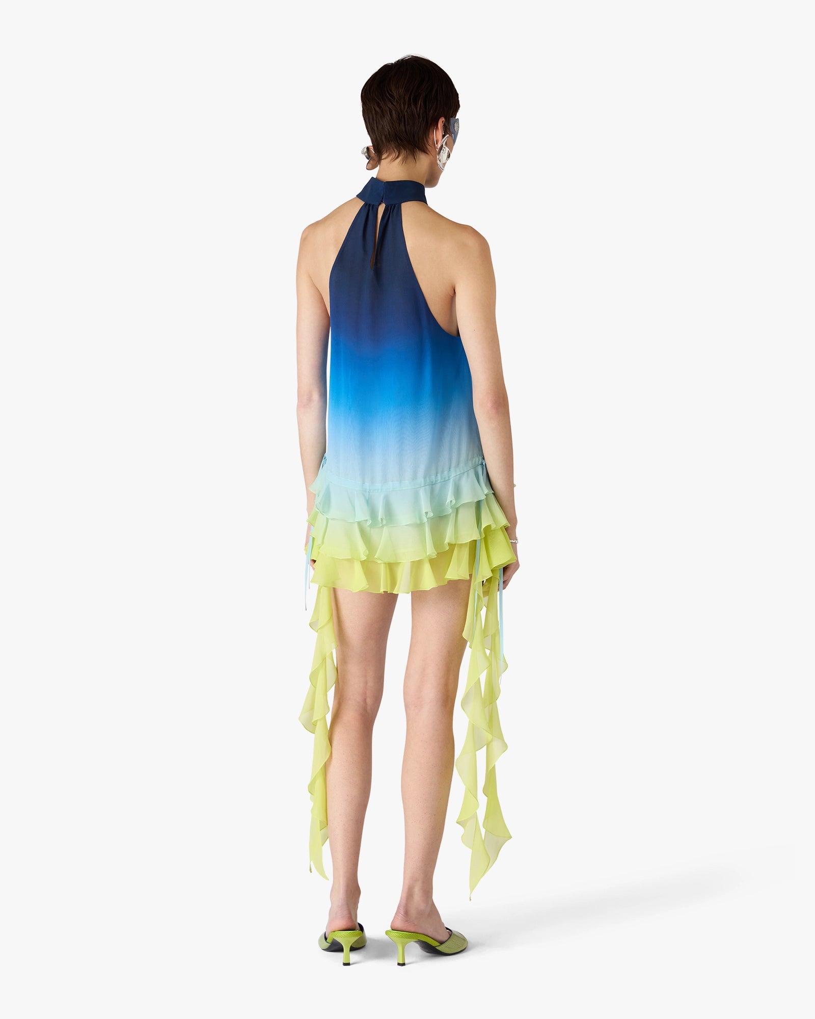 Blue Silk Gradient Double Georgette Ruffle Dress