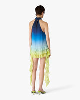 Blue Silk Gradient Double Georgette Ruffle Dress