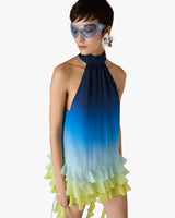 Blue Silk Gradient Double Georgette Ruffle Dress