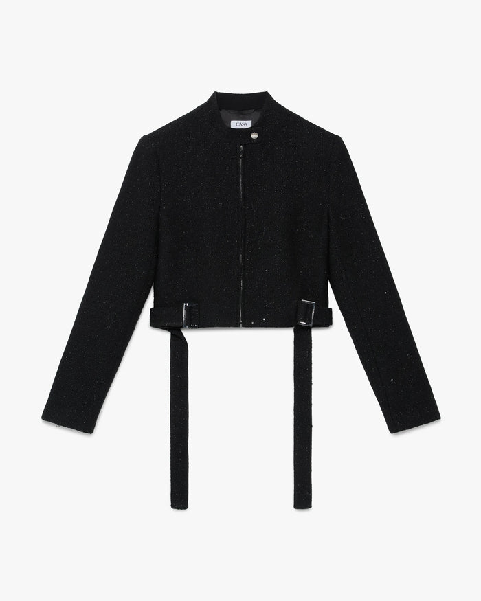Black Sequin Tweed Cropped Jacket
