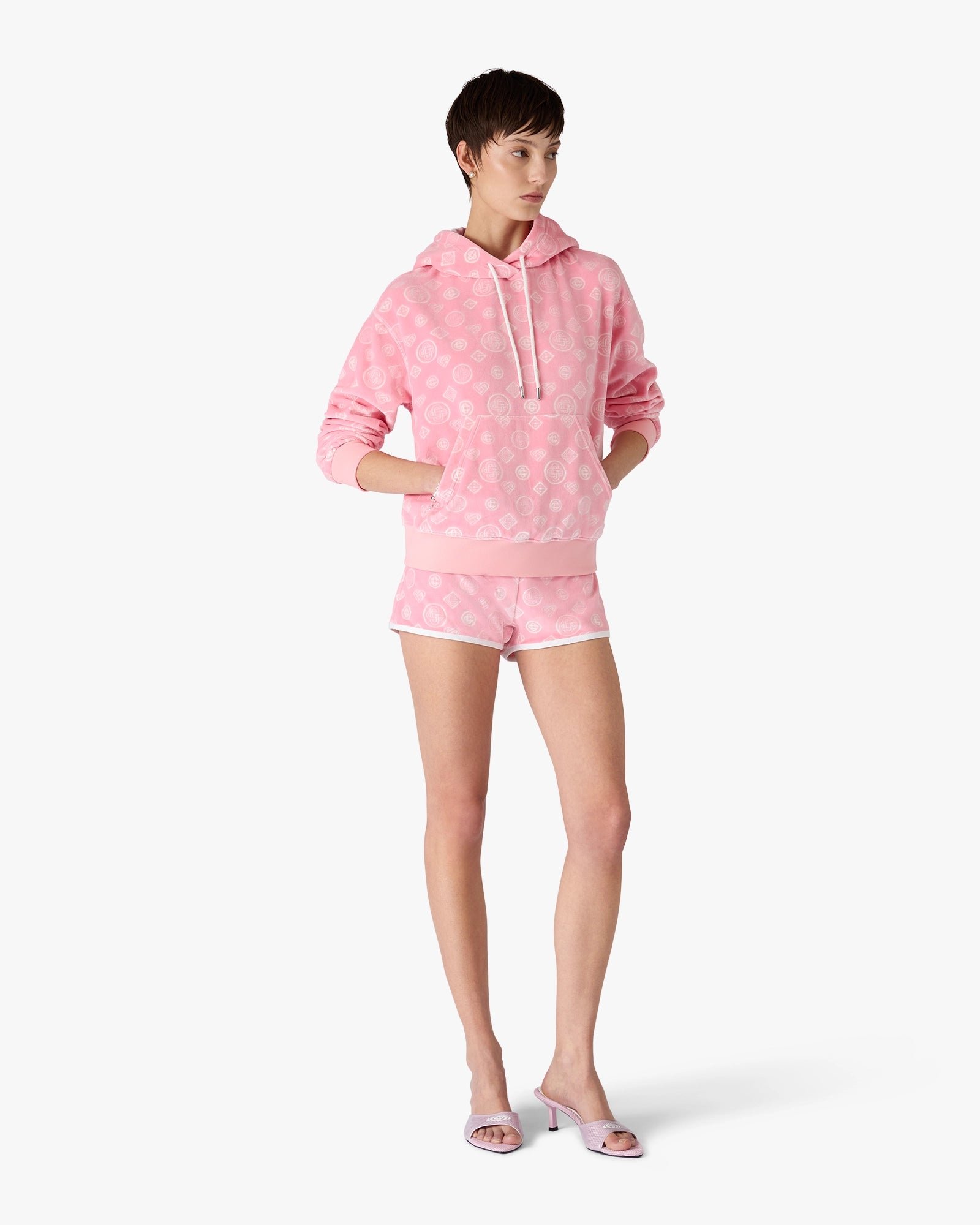 Pink Velour Monogram Hooded Sweatshirt