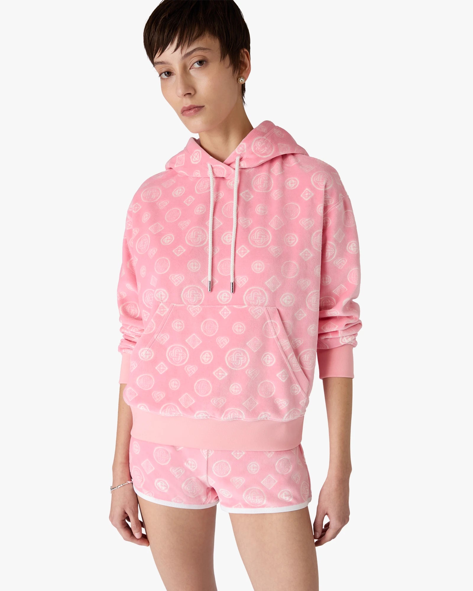 Pink Velour Monogram Hooded Sweatshirt
