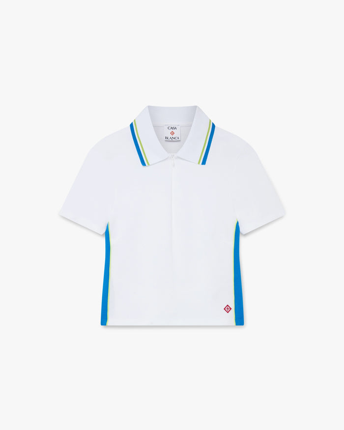 White & Blue Pique Cut-Out Polo Shirt