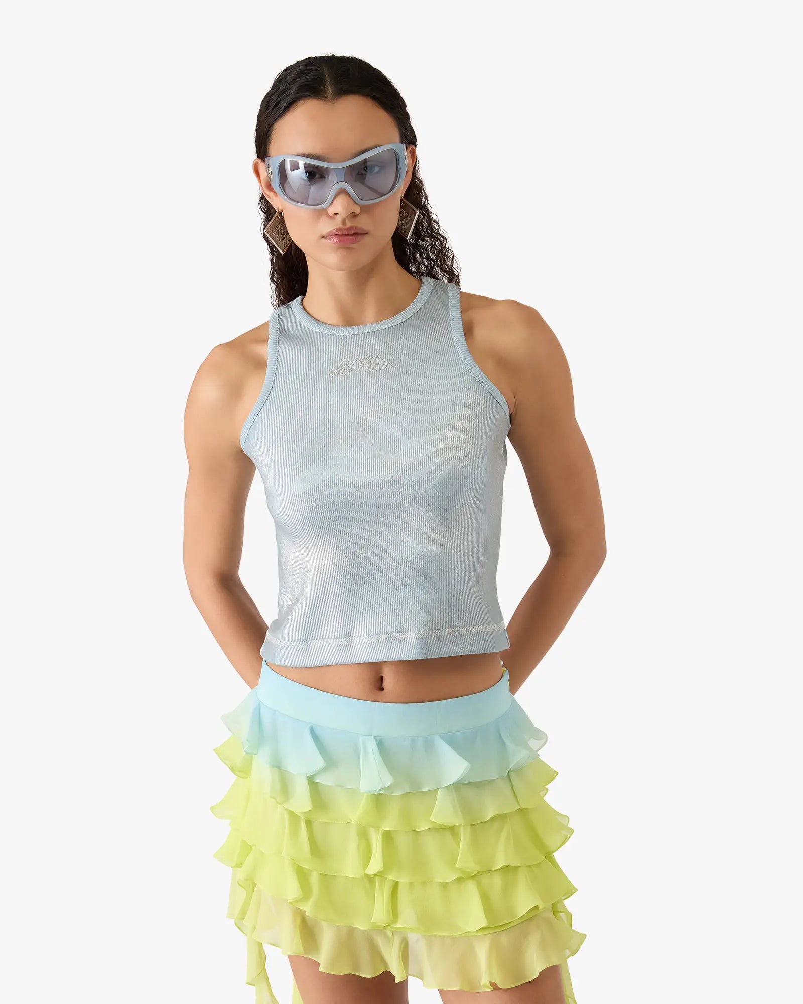 Débardeur côtelé bleu et argenté