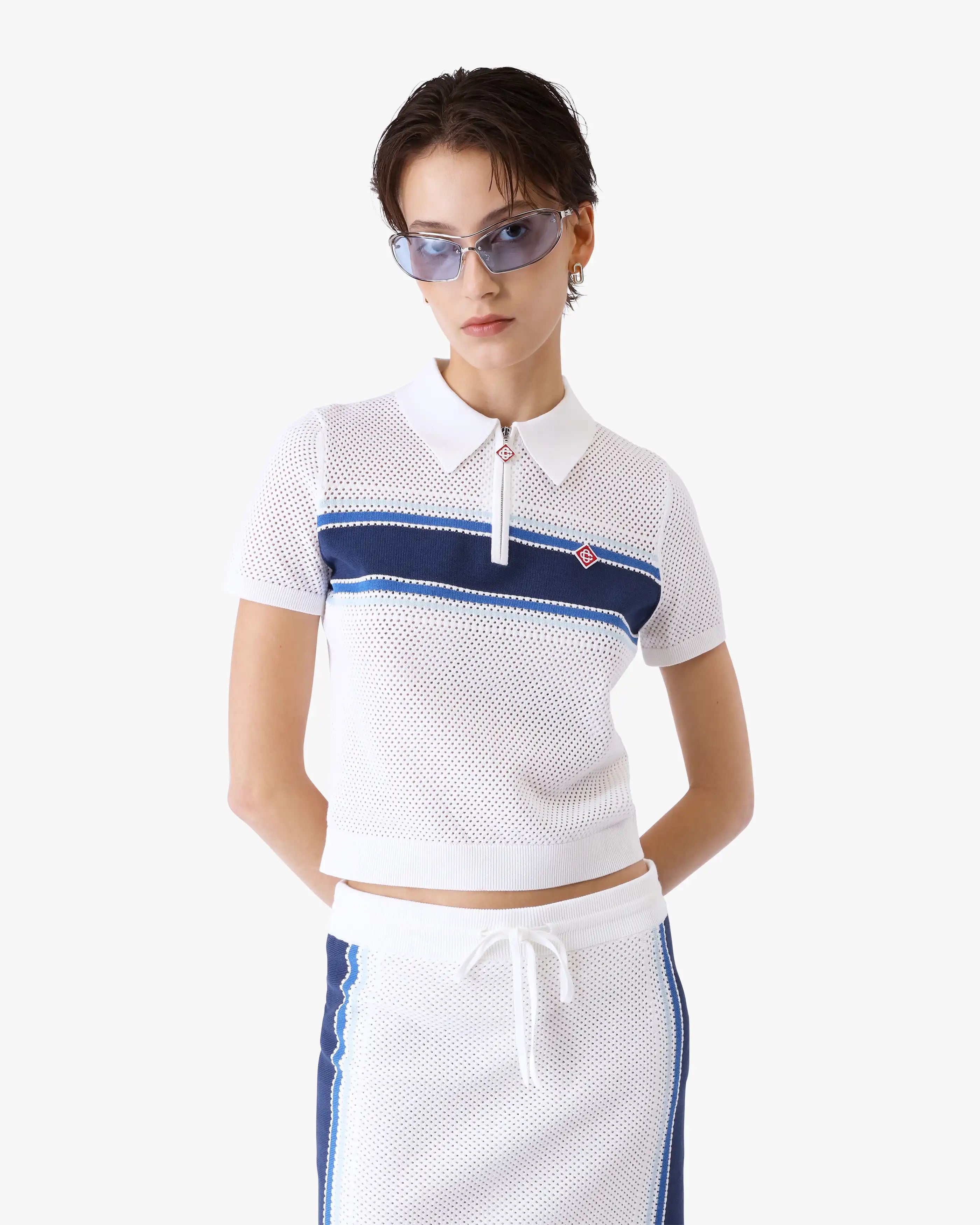 White & Blue Striped Mesh Top