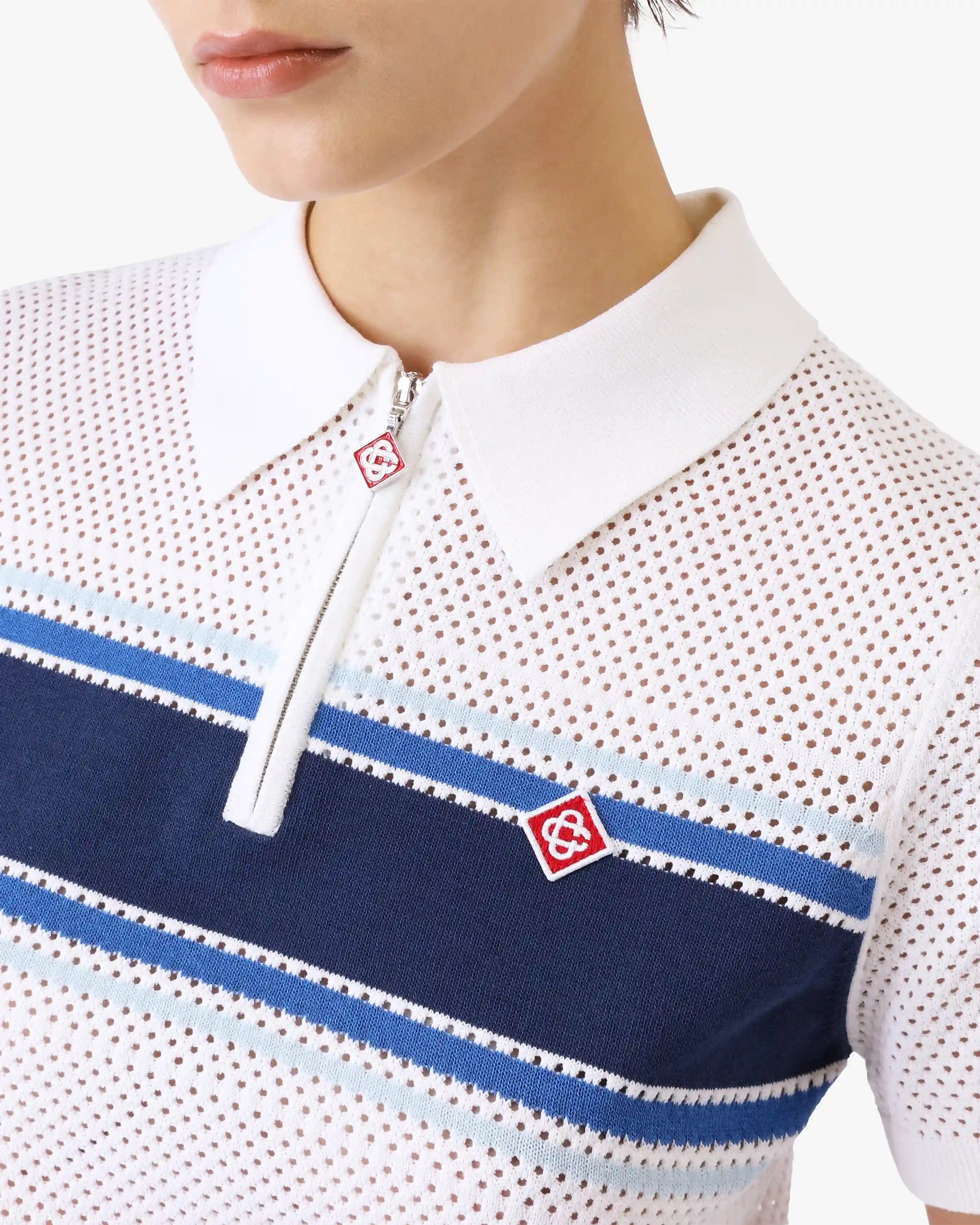 White & Blue Striped Mesh Top