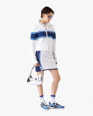 White & Blue Striped Mesh Bomber Jacket