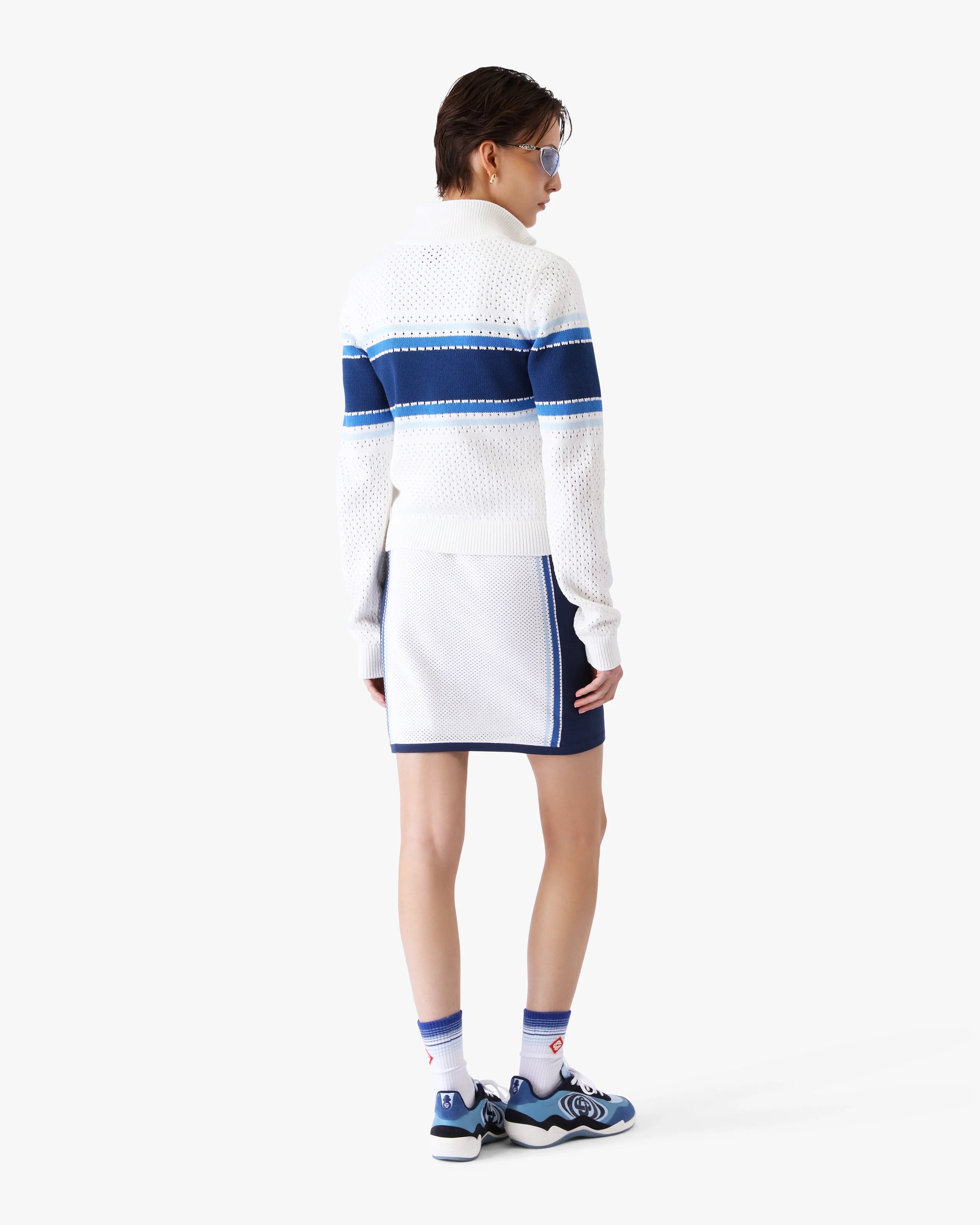 White & Blue Striped Mesh Bomber Jacket