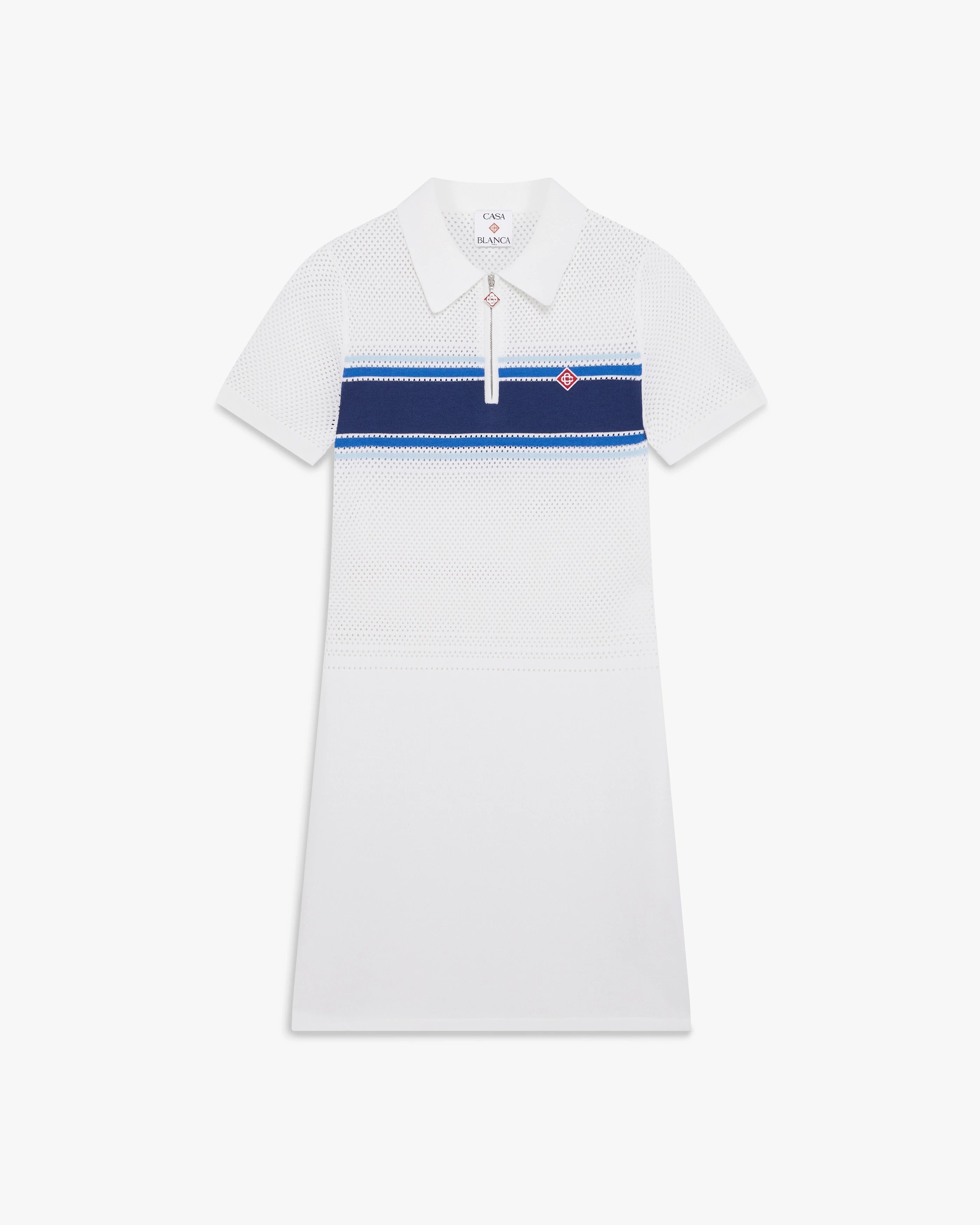 White & Blue Striped Mesh Midi Dress